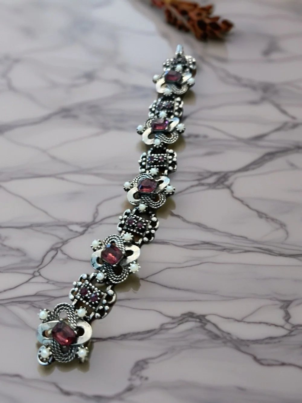 Vintage Silver Tone Purple Faceted Glass & Pearl Bracelet & Matching Earring Set
